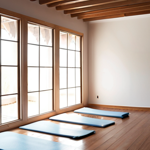 Home 4 **Image:** Yoga studio with soft, diffused natural light streaming through a window, a white reflector board subtly bouncing light, creating a serene and inviting atmosphere.