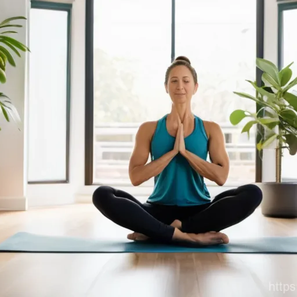 요가강사 온라인 강의 수익화 - A female yoga instructor, in her late 30s to early 40s, is gracefully demonstrating a gentle yoga po...