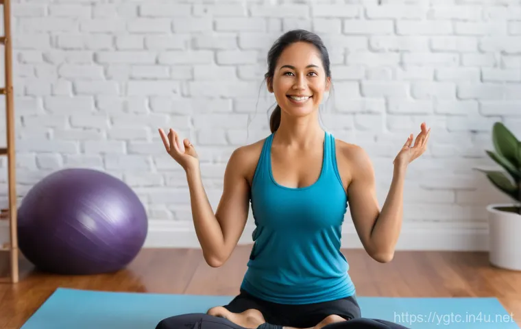 요가강사 온라인 강의 수익화 - A female yoga instructor, in her early 40s, is seated comfortably at a clean, modern desk, smiling g... 요가강사 온라인 강의 수익화 - A female yoga instructor, in her early 40s, is seated comfortably at a clean, modern desk, smiling g...