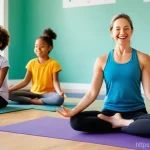 요가강사 지역별 취업 정보 - A cheerful female yoga instructor in her 30s or 40s, dressed in comfortable, modest yoga attire, lea...